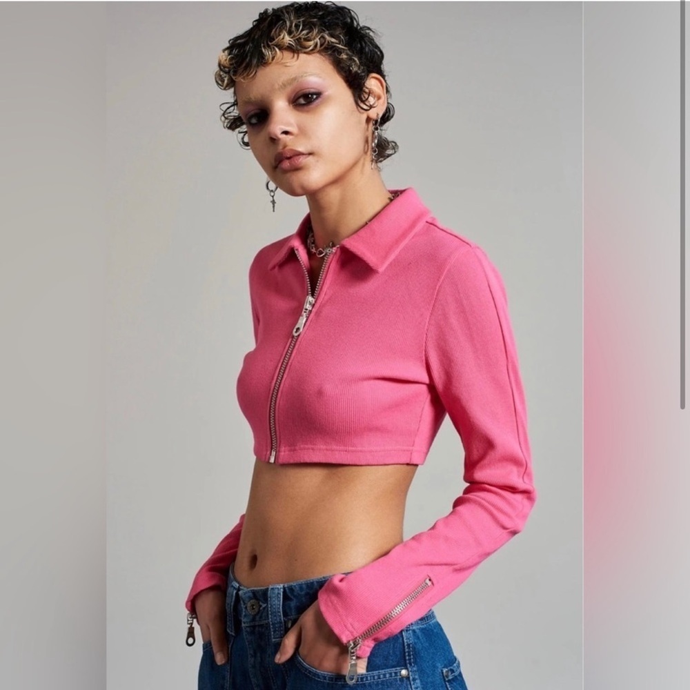 The Ragged Priest Floyd Zip-Up Cropped Polo Top Hot Pink Size 4